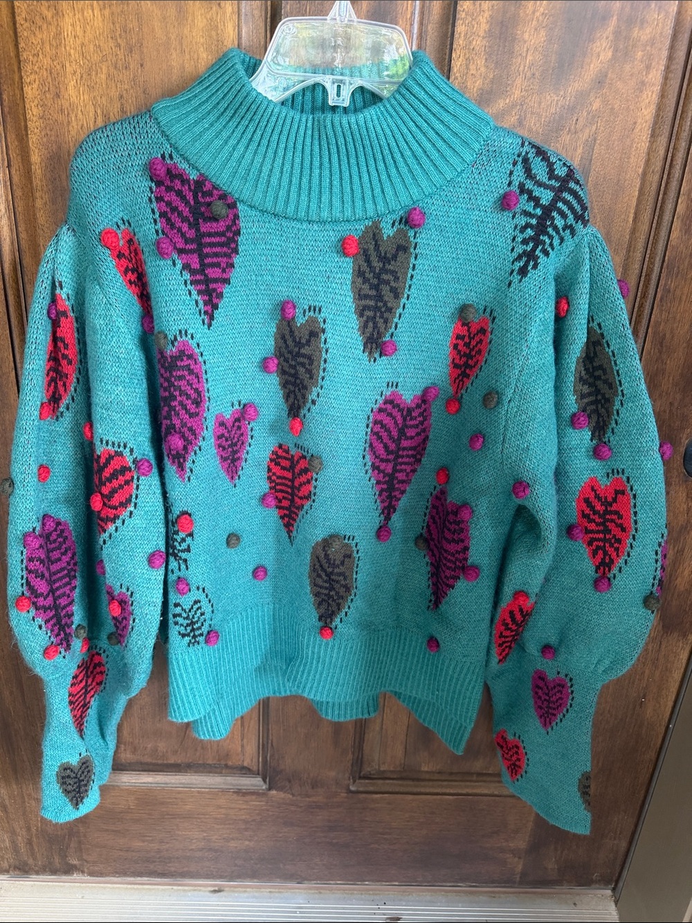 FARM Rio Teal Cowlneck Sweater with Red, Pink & Olive Heart Accents